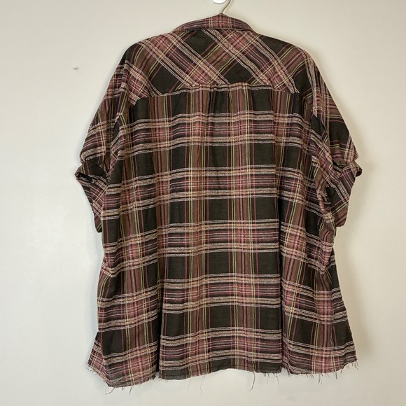 UMGEE Women Plaid Button Up Shirt Oversized Short Sleeve Frayed Hem Size S - Picture 5 of 9